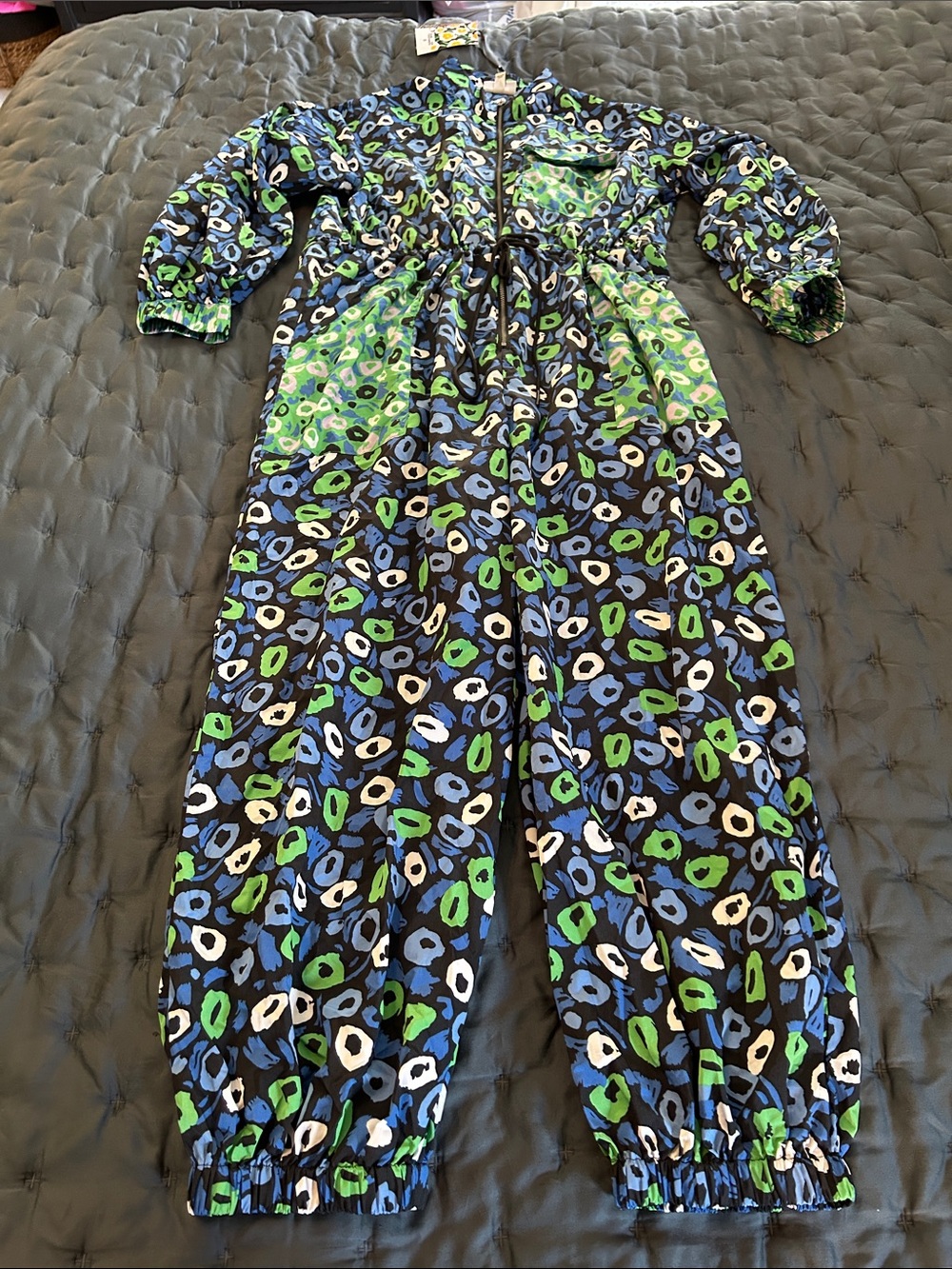 Diane Von Furstenberg Black Jumpsuit with Blue, Green & White Abstract Print